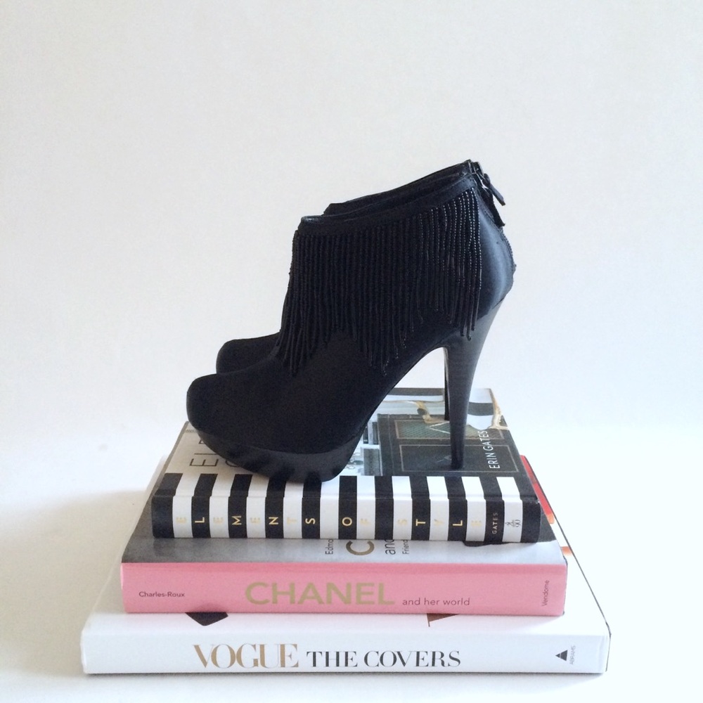 Black Satin BCBG PlatformBooties w/ Beaded Fringe